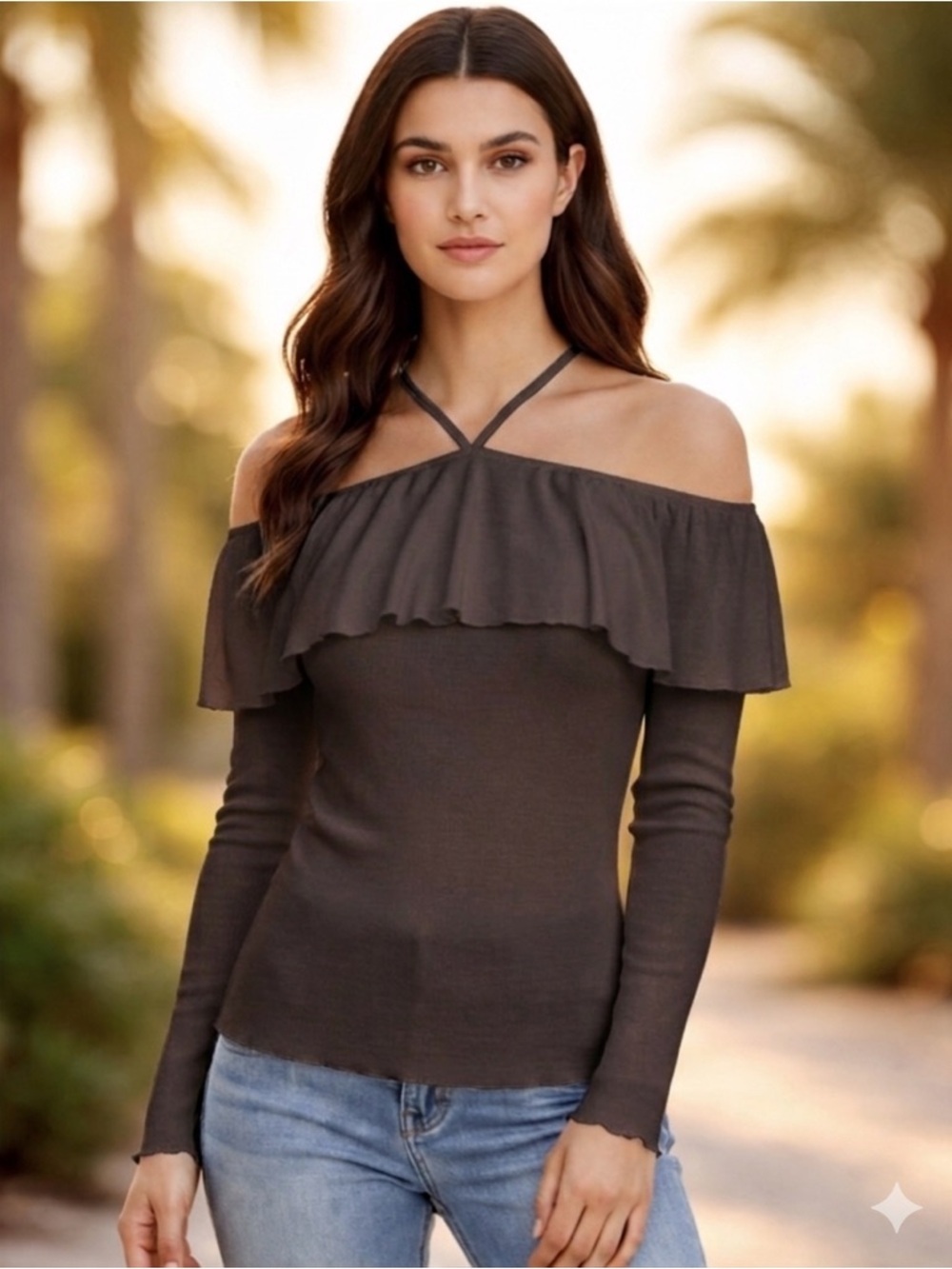 CHASER Ruffle Off The Shoulder Strappy Neck Long Sleeve Flounce Shirt Medium